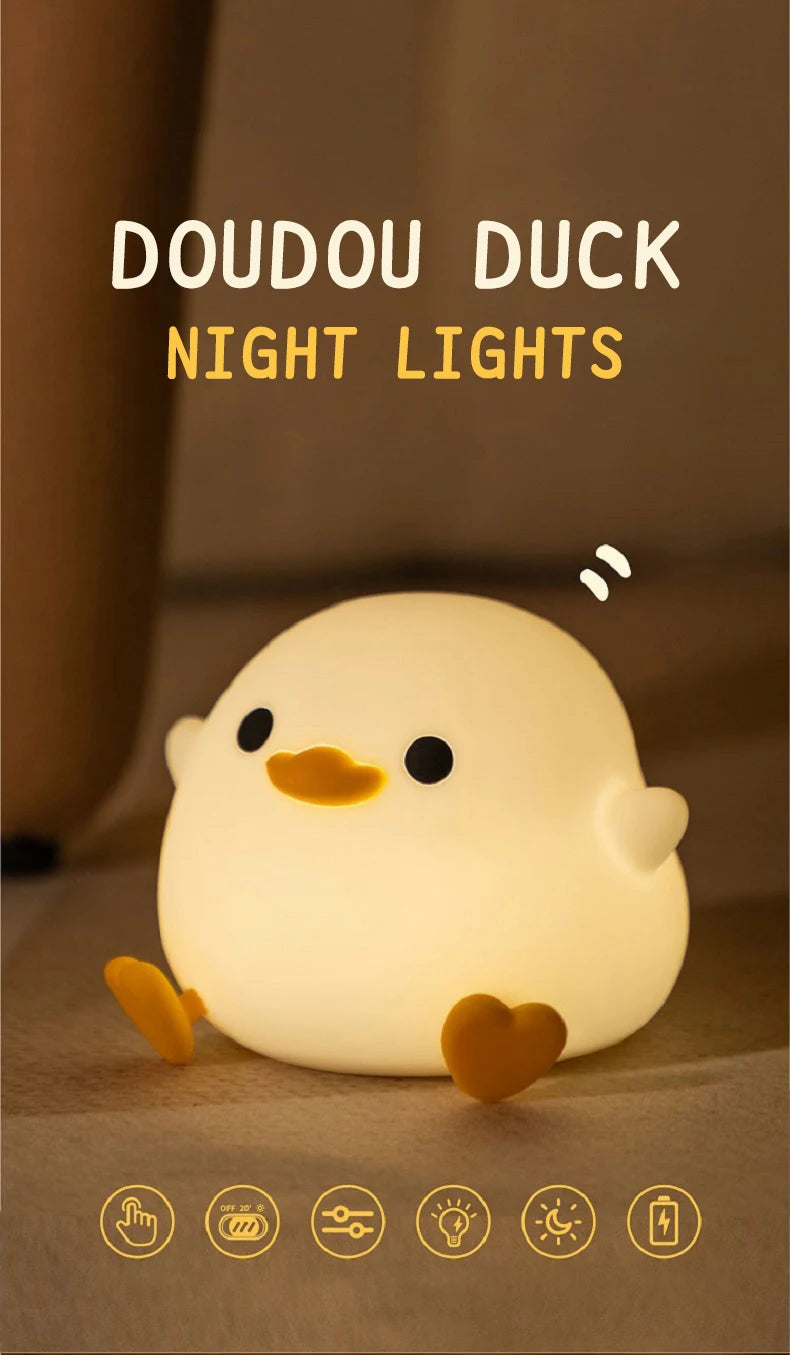 Lâmpada Doudou Duck de Silicone Luz Suave Sensor de Palmas Recarga USB