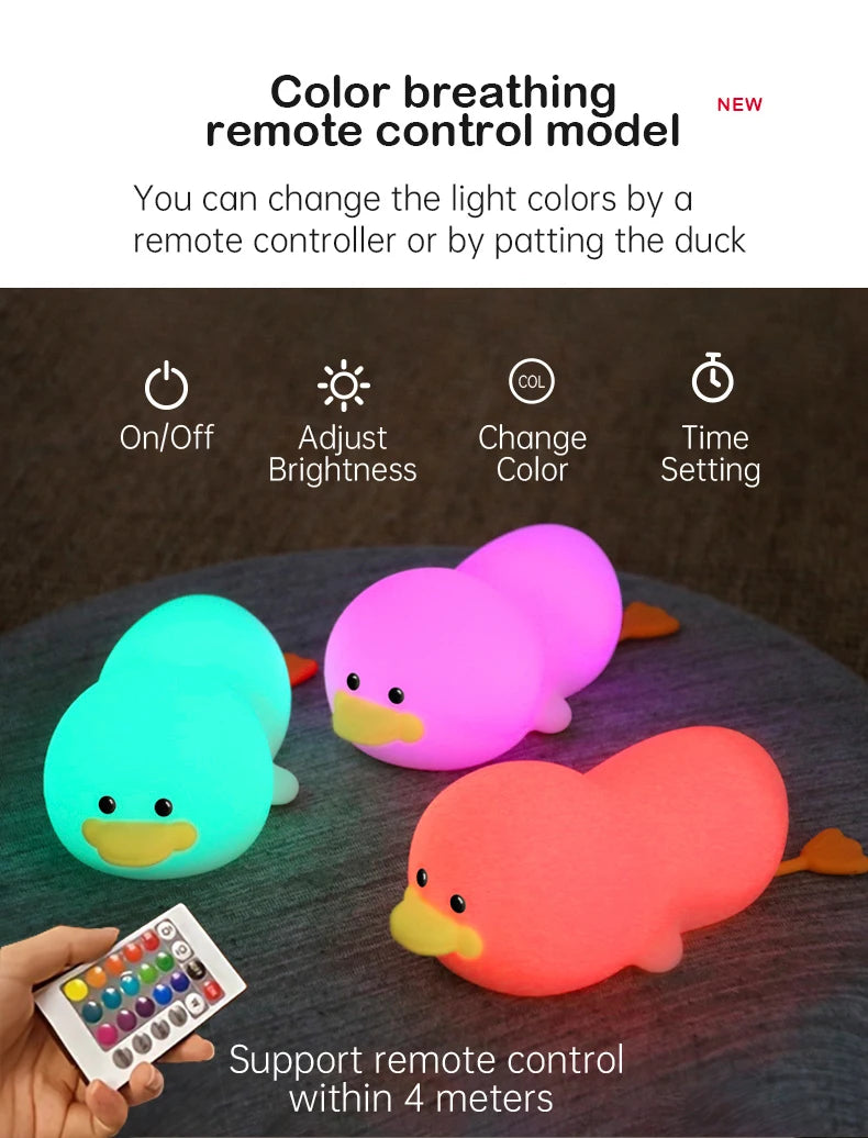 Lâmpada Doudou Duck de Silicone Luz Suave Sensor de Palmas Recarga USB