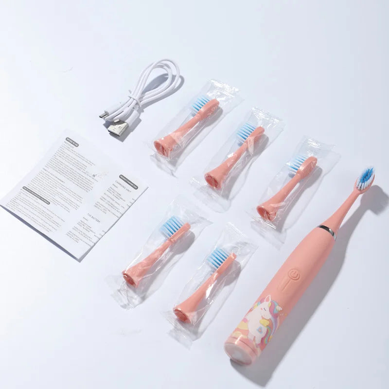 Escova de dentes elétrica infantil com cabeça de substituição, ultrassônica, à prova d'água, recarregável e super divertida.