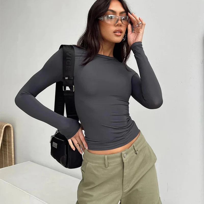 Camiseta Feminina Casual Manga Longa Slim Fit Primavera Outono Streetwear