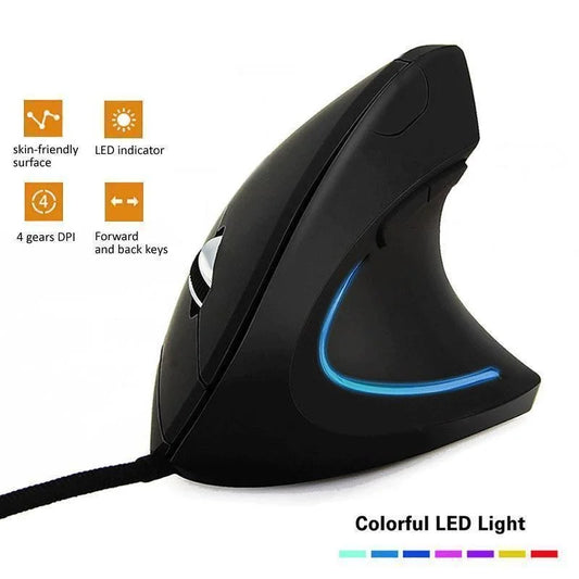 Mouse com Fio Vertical RGB 3200DPI Ergonômico para Mão Direita e Escritório