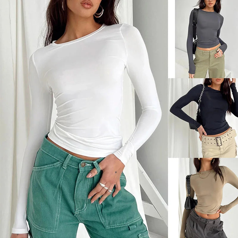 Camiseta Feminina Casual Manga Longa Slim Fit Primavera Outono Streetwear